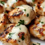 Delicious grilled chicken bites topped with creamy garlic sauce