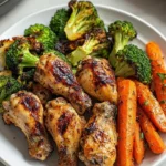 Plate of grilled chicken wings served with roasted broccoli and carrots