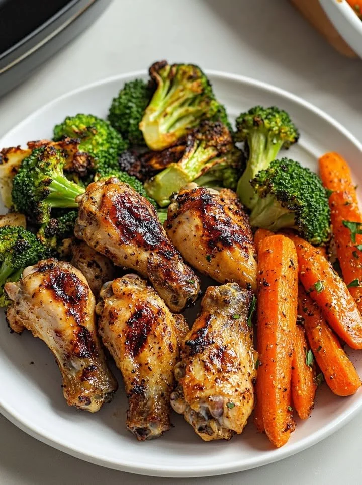 Plate of grilled chicken wings served with roasted broccoli and carrots