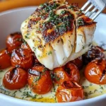 Grilled cod fillet with roasted tomatoes and creamy dill sauce on a plate