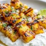 Grilled pineapple skewers with chili-lime glaze and coconut yogurt dipping sauce