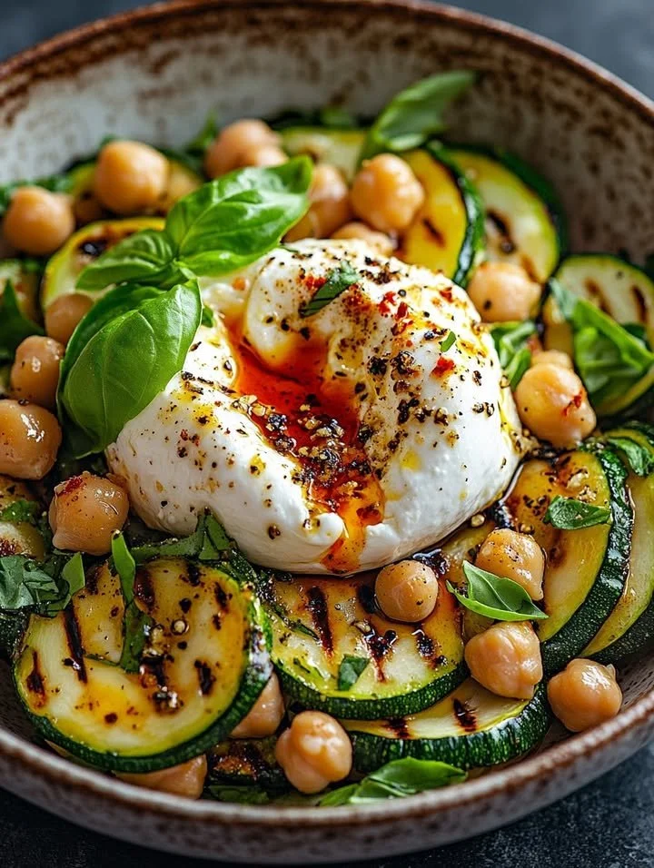 Grilled zucchini chickpea salad topped with burrata and spices on a plate.