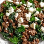 Ground beef and spinach skillet topped with feta cheese