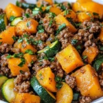 Ground beef zucchini sweet potato skillet in a frying pan
