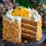 Delicious slice of Hawaiian Carrot Pineapple Cake with frosting and pineapple garnish