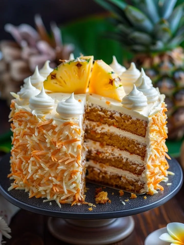 Delicious slice of Hawaiian Carrot Pineapple Cake with frosting and pineapple garnish