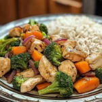 Healthy chicken stir-fry with colorful vegetables served over rice