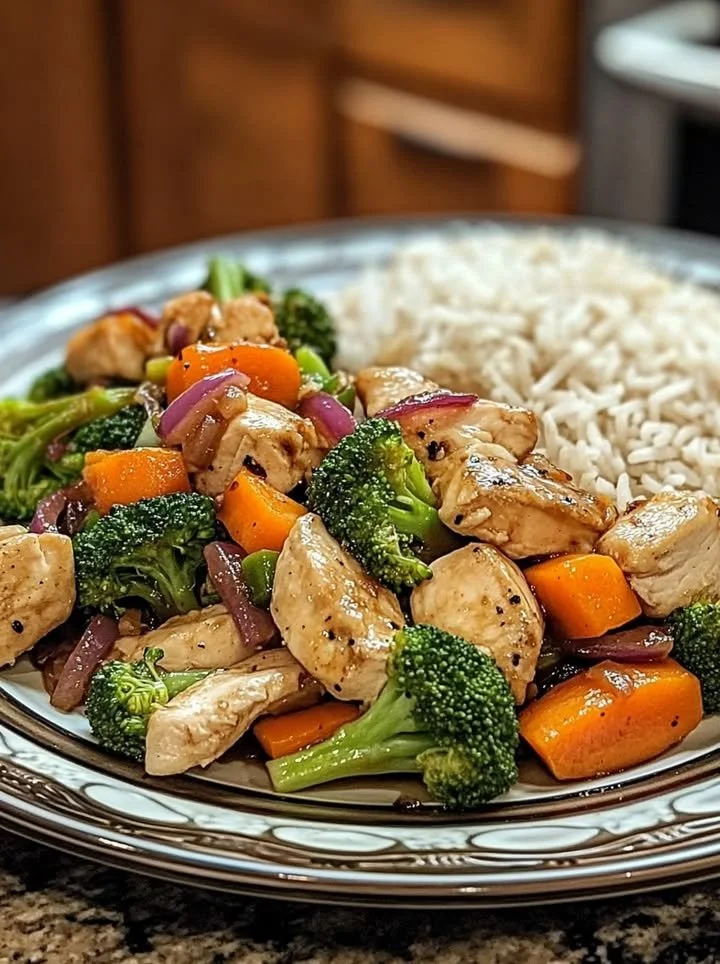 Healthy chicken stir-fry with colorful vegetables served over rice