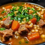 Bowl of hearty beef and barley soup topped with herbs