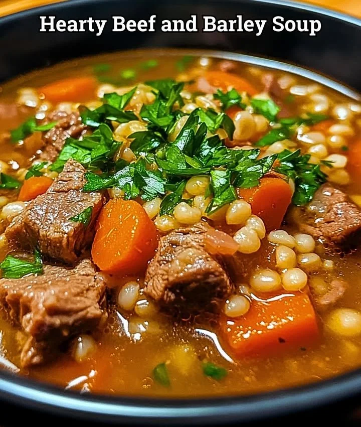Bowl of hearty beef and barley soup topped with herbs