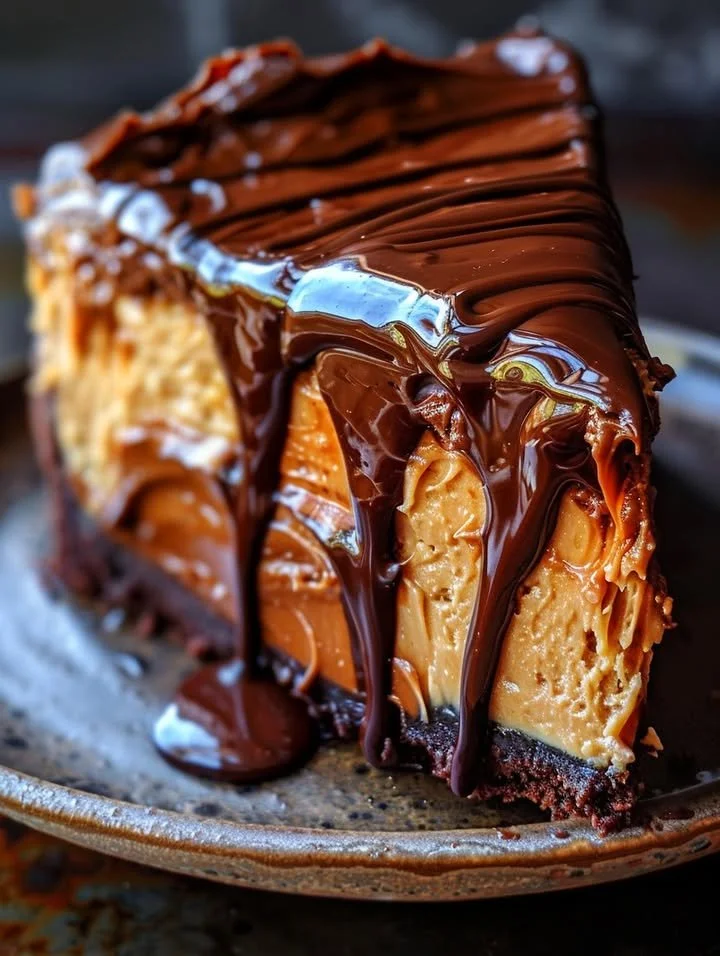 Heavenly chocolate peanut butter ooey gooey cake topped with drizzled chocolate.
