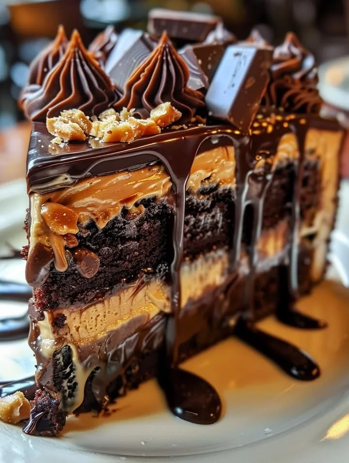 Heavenly chocolate peanut butter ooey gooey cake with rich frosting and toppings