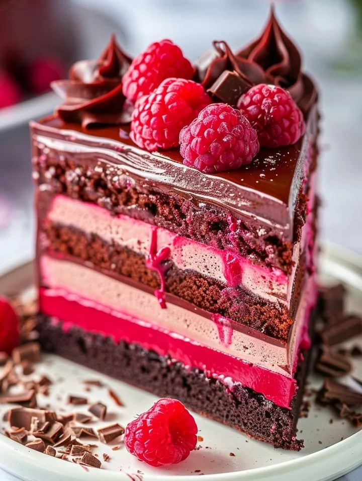 Heavenly Raspberry Chocolate Mousse Cake with rich chocolate and fresh raspberries