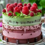 Decadent Raspberry Chocolate Mousse Cake topped with fresh raspberries and chocolate shavings.