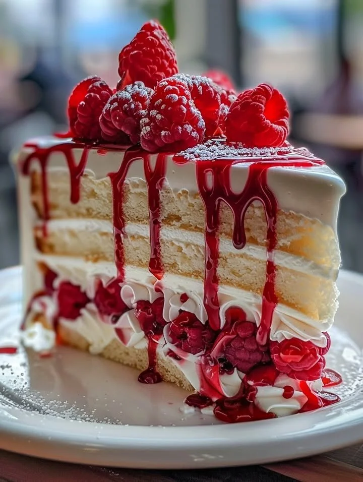 Delicious white chocolate raspberry cake with fresh raspberries and white frosting