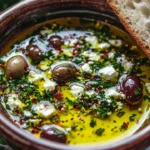 Herb and Feta Olive Oil Dip served with bread and vegetables