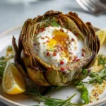 Plate of hidden heart roasted artichoke with molten burrata core, garnished elegantly.