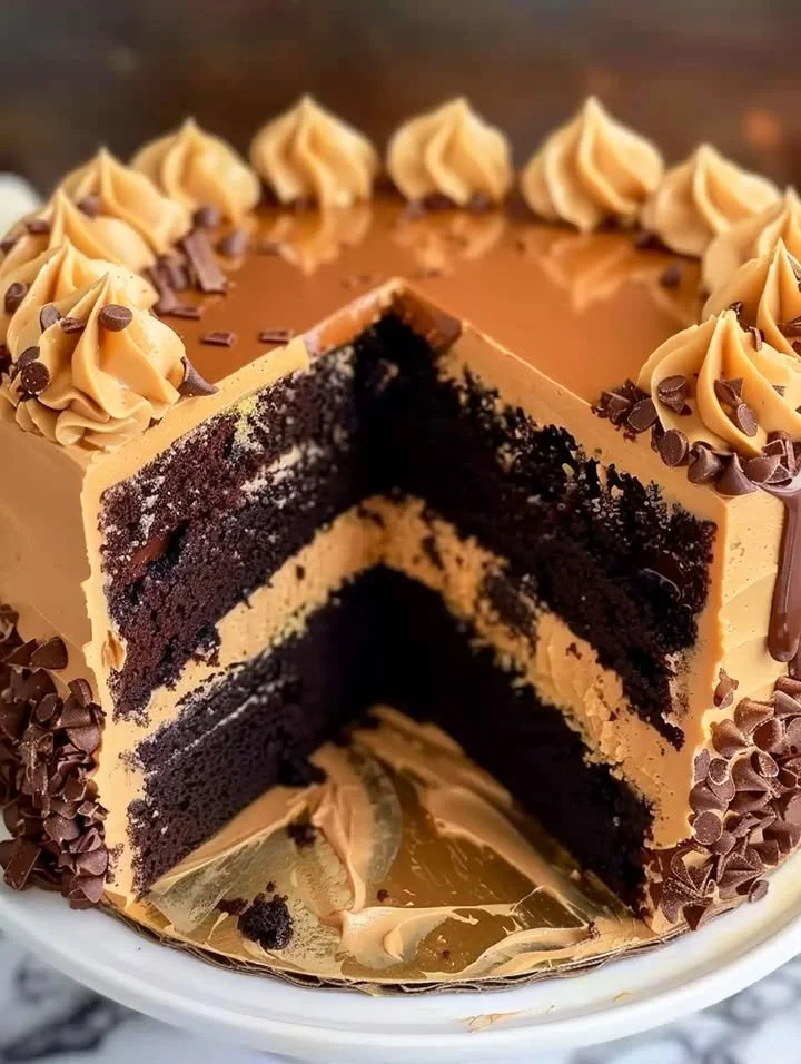 Delicious homemade chocolate peanut butter cake topped with creamy frosting