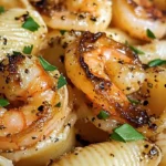 Honey Garlic Shrimp Pasta Shells Bake served in a bowl garnished with herbs