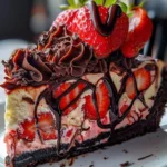 Delicious chocolate strawberry cheesecake topped with fresh strawberries and chocolate drizzle