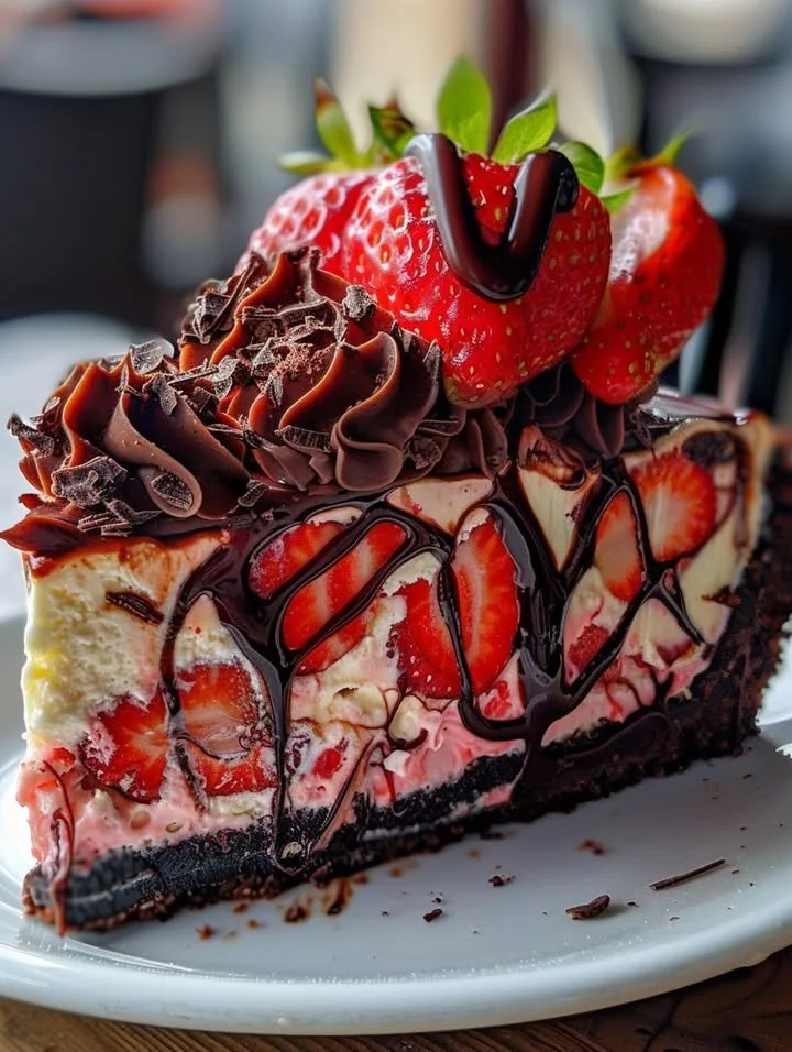 Delicious chocolate strawberry cheesecake topped with fresh strawberries and chocolate drizzle