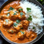 Delicious Indian butter chicken served with rice and naan bread