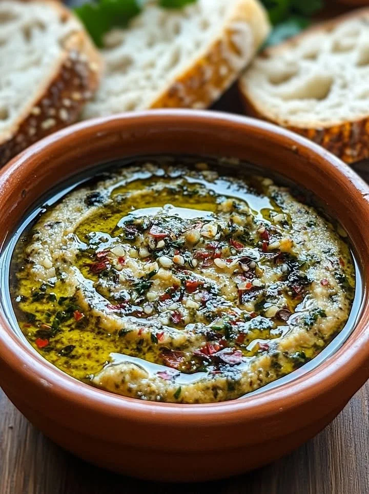 Irresistible olive oil bread dip served in a bowl