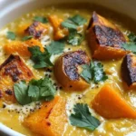Bowl of red lentil dhal with coconut and sweet potato garnished with herbs