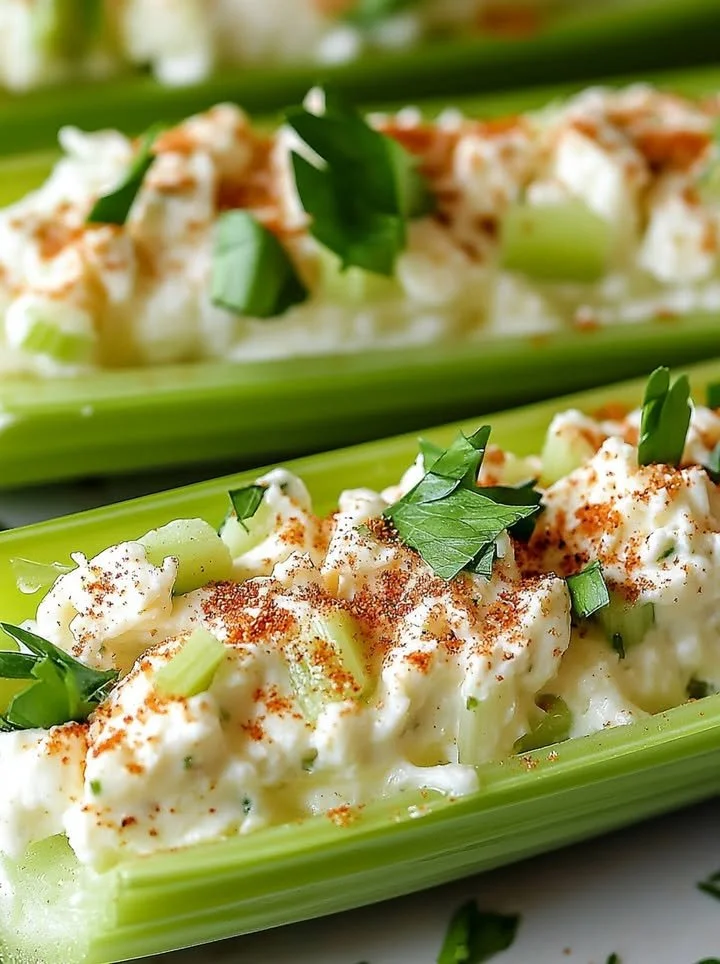 Italian cream cheese stuffed celery sticks garnished with herbs