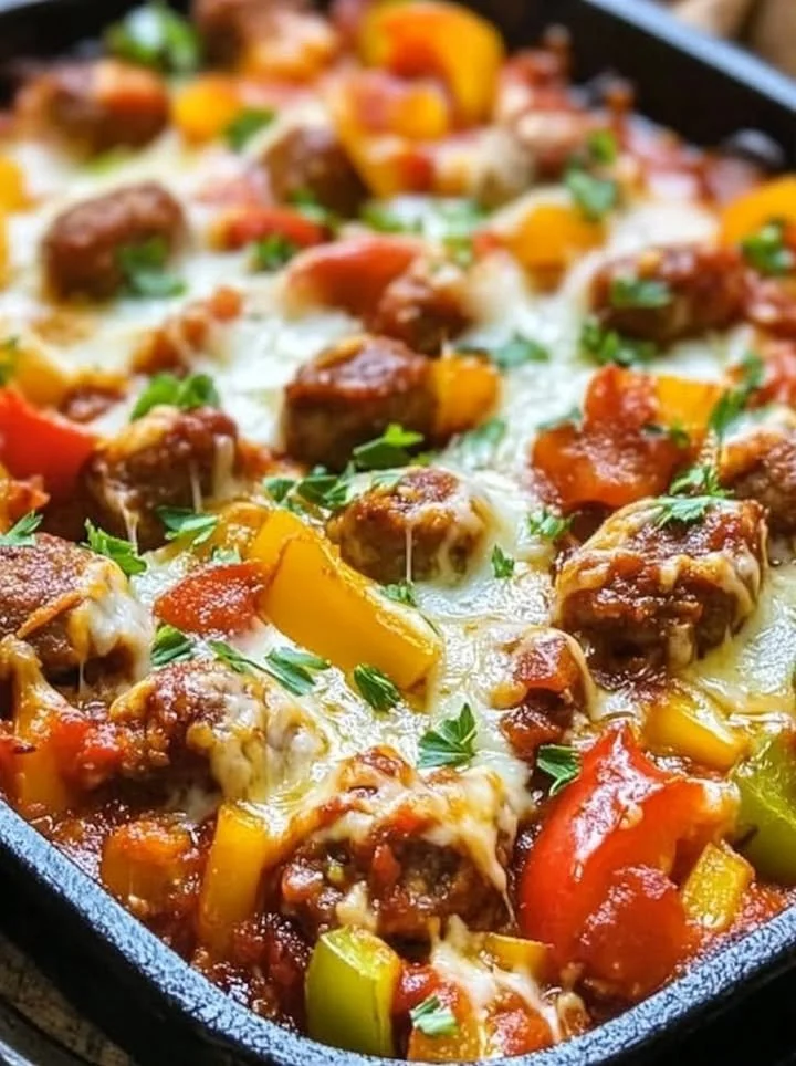 Italian Sausage and Pepper Casserole served in a rustic dish