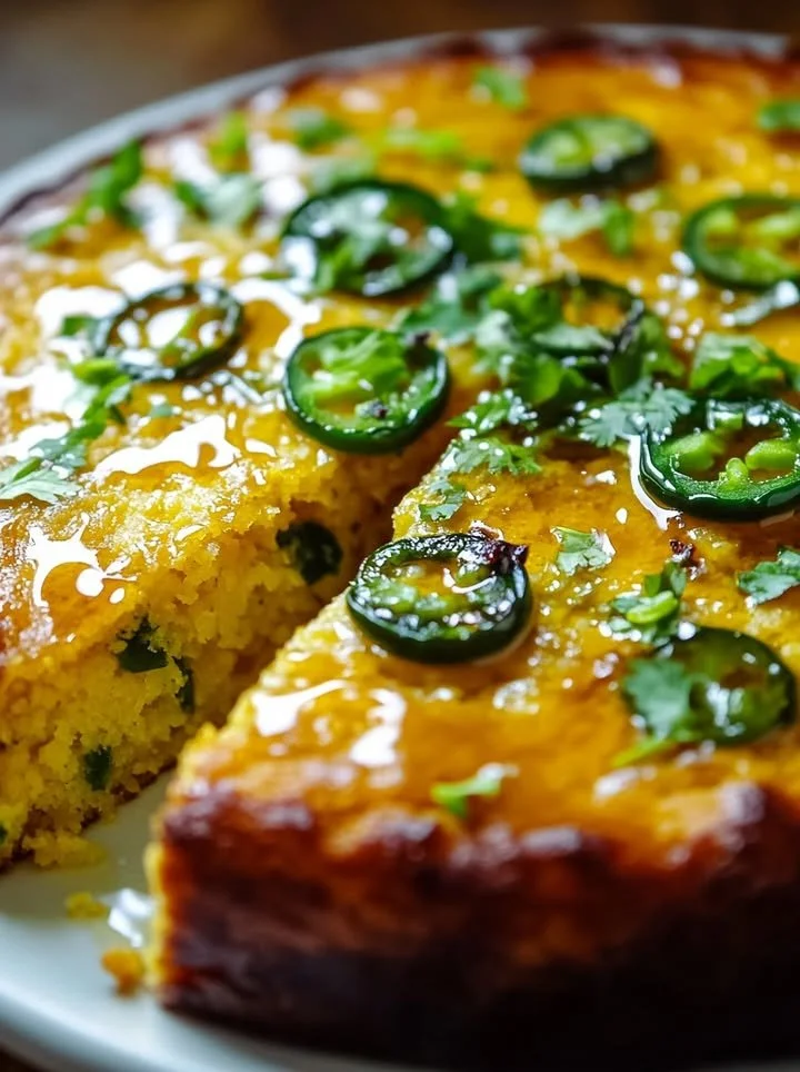Jalapeño Cornbread with a Lime Honey Glaze served on a wooden table