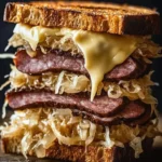 Kielbasa Reuben sandwich with sauerkraut and cheese on rye bread