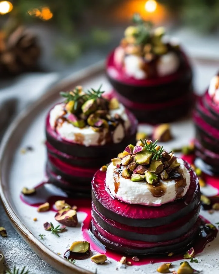Layered Beet and Goat Cheese Stack with colorful beets and creamy cheese