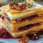 Layered phyllo pastry with brie, cranberry, and pecans on a serving plate