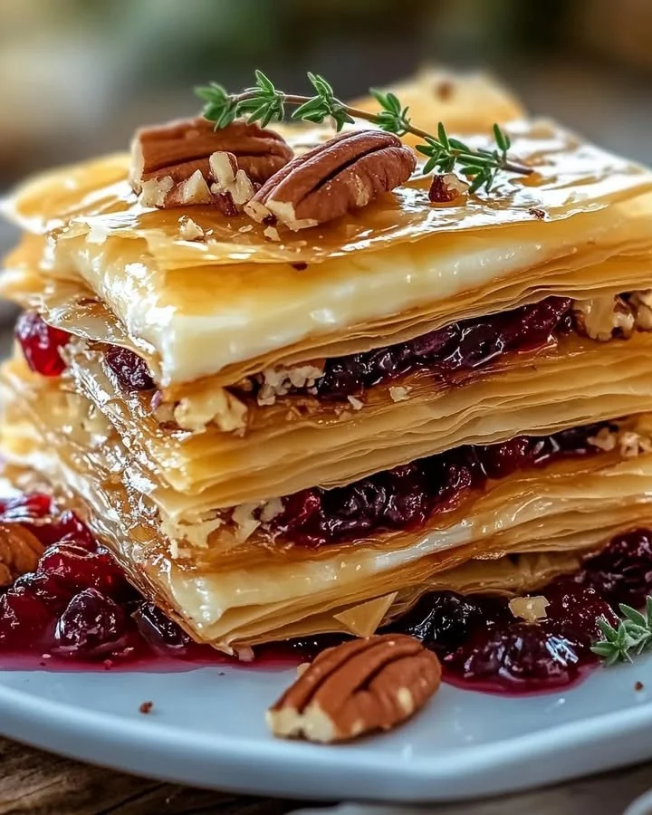 Layered phyllo pastry with brie, cranberry, and pecans on a serving plate