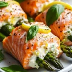 Lemon Basil Salmon Rolls on a plate garnished with fresh herbs and lemon slices