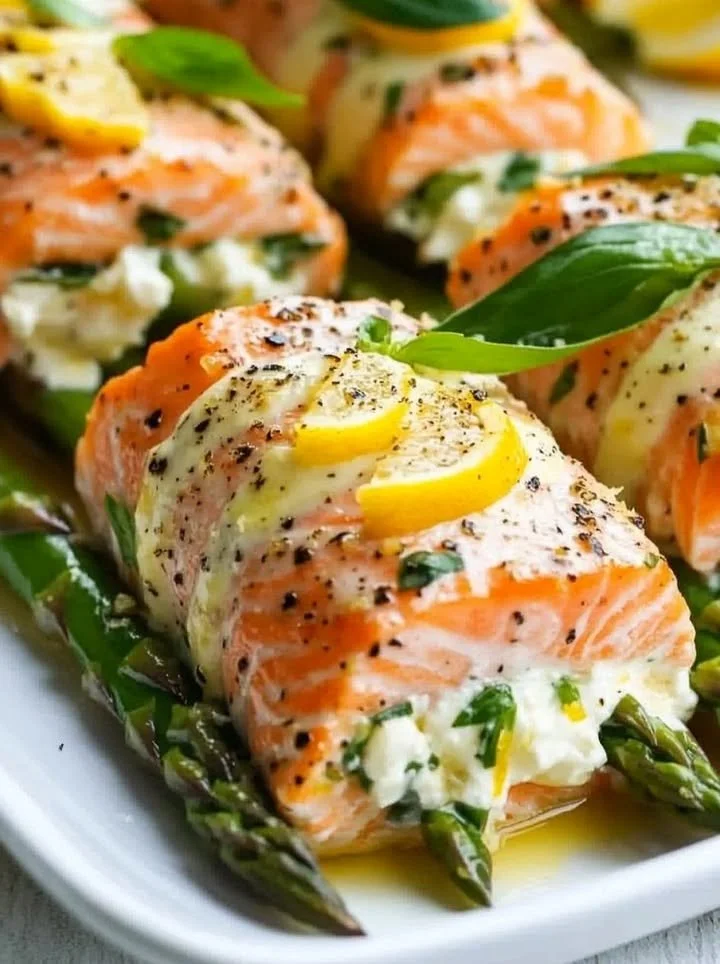 Lemon Basil Salmon Rolls garnished with fresh herbs