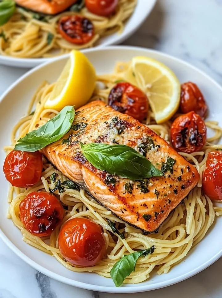 Lemon Basil Salmon served with roasted tomato pasta in a beautiful bowl.