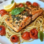 Lemon Basil Salmon served with Roasted Tomato Pasta on a plate