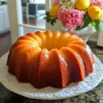 Lemon Bundt Cake displayed on a white cake stand with fresh lemons