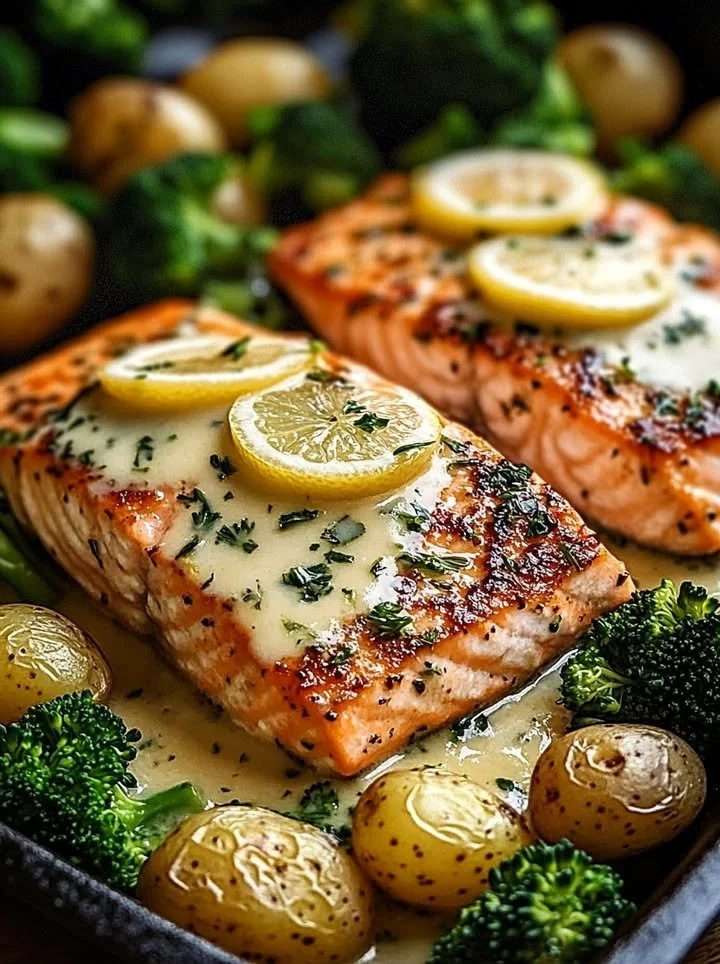 Lemon Butter Salmon served with crispy potatoes and broccoli on a plate