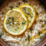 Bowl of Lemon Chicken and Rice Soup garnished with fresh herbs.