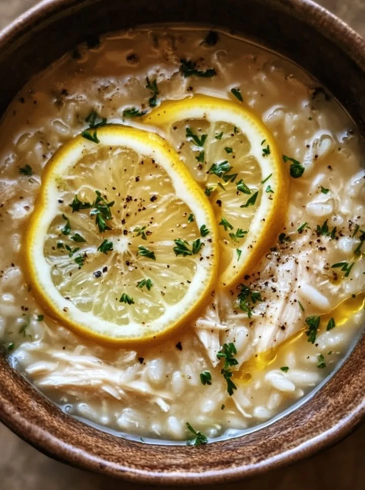 Bowl of Lemon Chicken and Rice Soup garnished with fresh herbs.