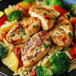 Lemon Chicken Stir Fry with veggies and orzo in a vibrant bowl