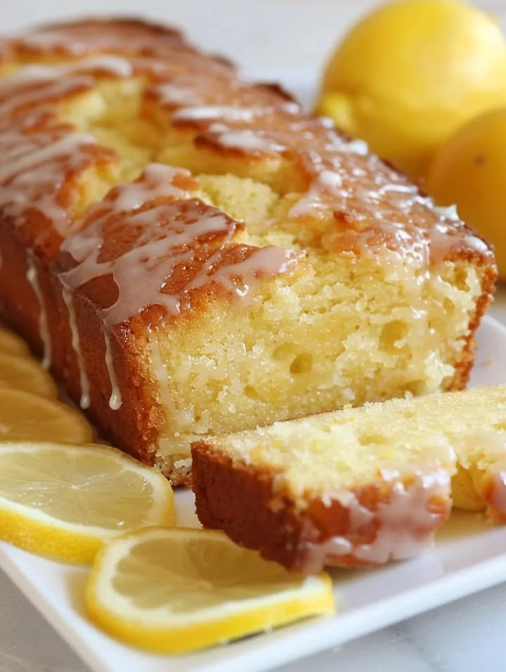Delicious slice of lemon drizzle cake with zesty glaze