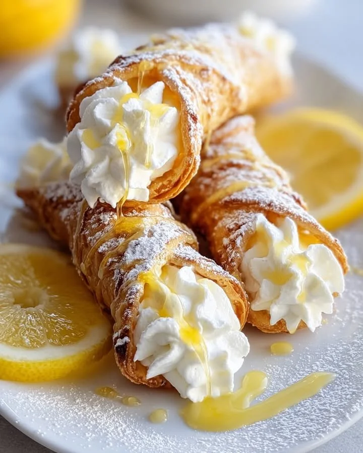 Lemon Meringue Pie Cannoli with whipped meringue topping and lemon curd filling