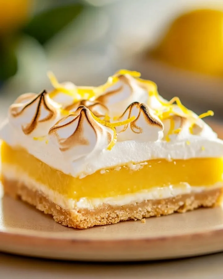 Delicious Lemon Meringue Tart Bars topped with fluffy meringue and lemon zest
