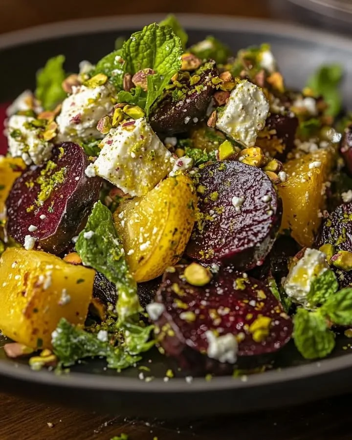 Lemon and Pistachio Roasted Beet Salad served in a bowl