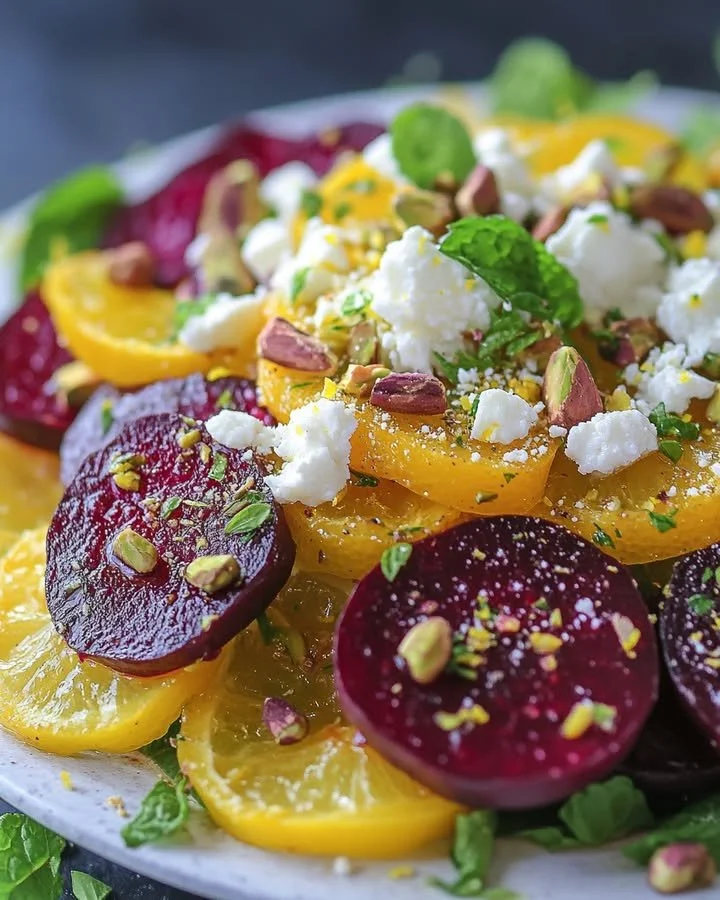 Lemon and pistachio roasted beet salad with vibrant colors and textures.