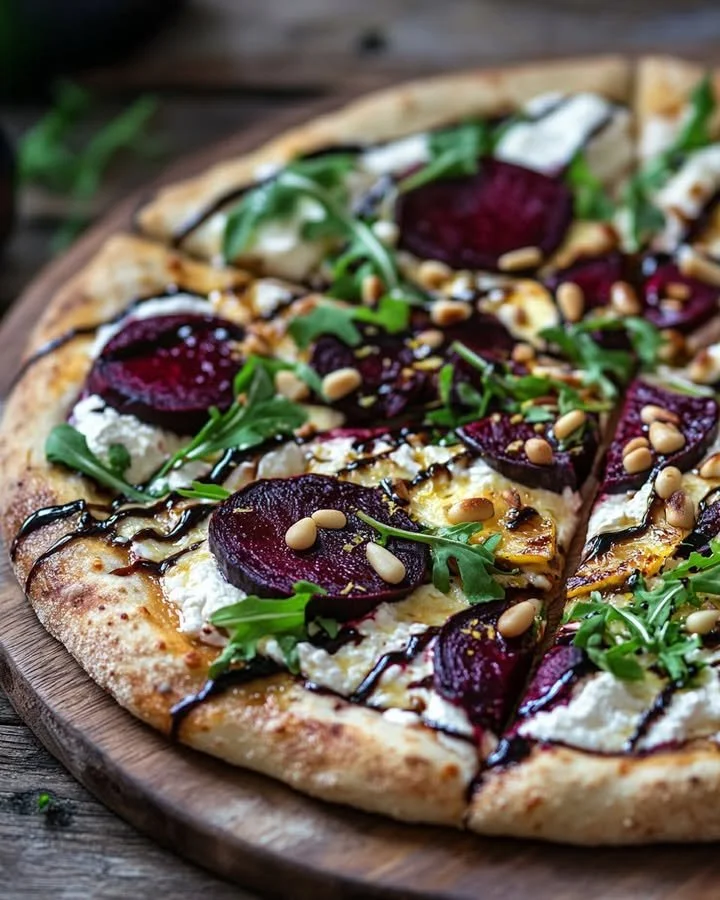 Lemon & Roasted Beet Ricotta Pizza topped with fresh ingredients and vibrant colors